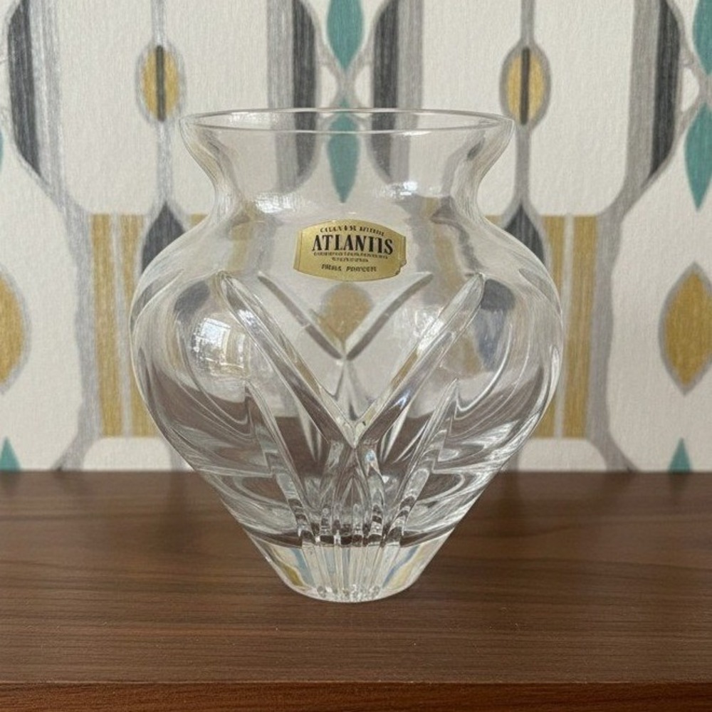 Atlantis Full Lead Crystal Vase, Vintage Handblown Clear‎ Glass, Mantel Decor